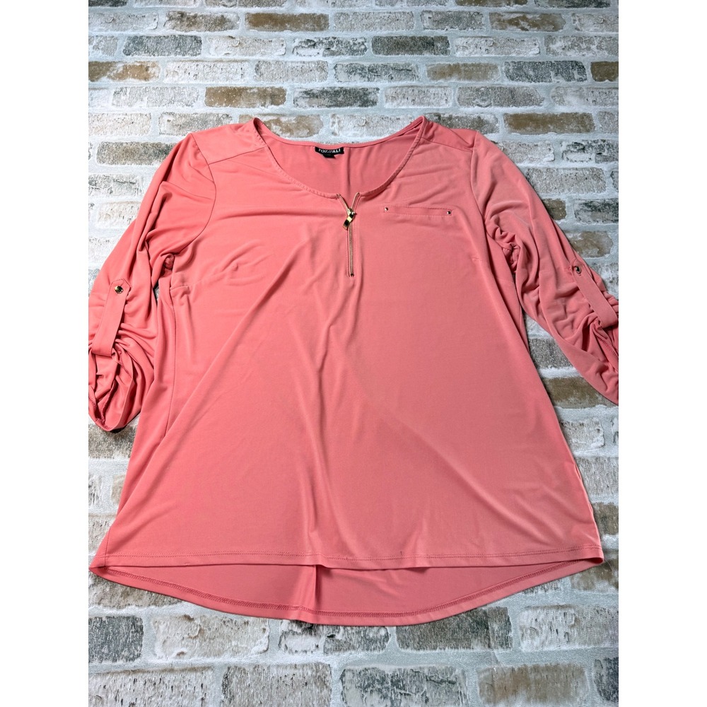 Roz & Ali Coral Pink Zip Front Roll Tab Sleeve Blouse XL